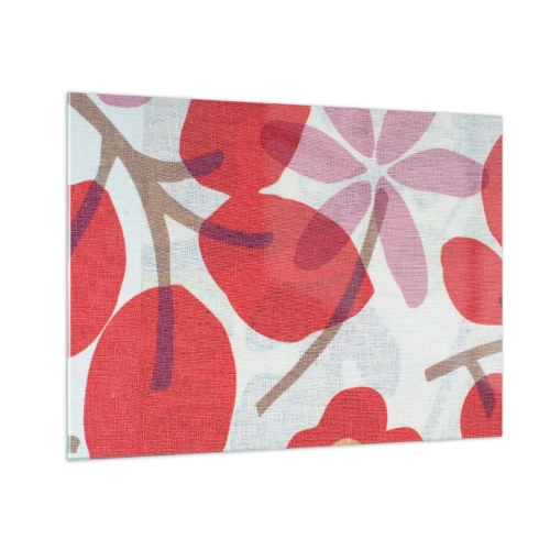 Cuadro sobre vidrio - Impresiones sobre Vidrio - Hojas y flores rosas y rojas sobre un fondo claro. - 70x50cm - Composición floral en rosa - Decoración de pared moderna para salón y dormitorio ARTTOR