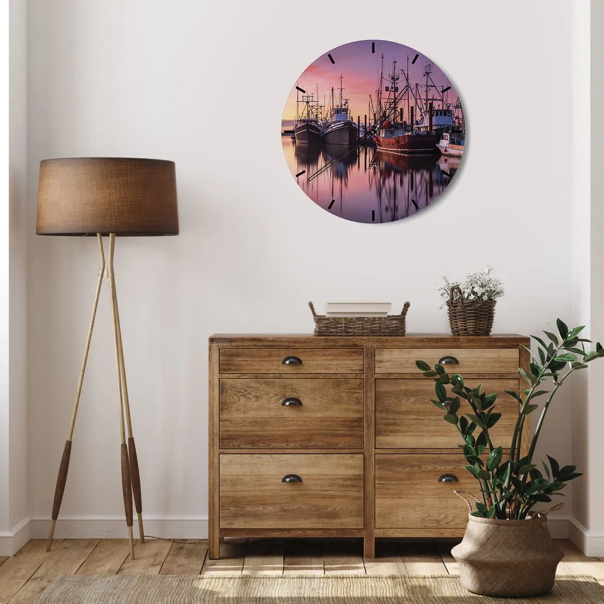 Reloj de pared - Reloj de vidrio - Barcos de pesca amarrados en el puerto al atardecer - 30x30cm - Descanso antes de partir - Decoración de pared moderna para salón, cocina y dormitorio ARTTOR