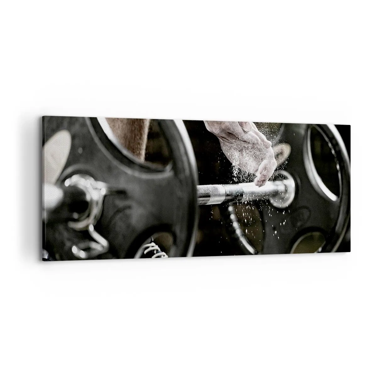 Cuadro sobre lienzo - Impresión de Imagen - Mancuernas y manos de un atleta preparándose para el entrenamiento. - 120x50cm - ¡Reto aceptado! - Decoración de pared moderna para salón y dormitorio ARTTOR