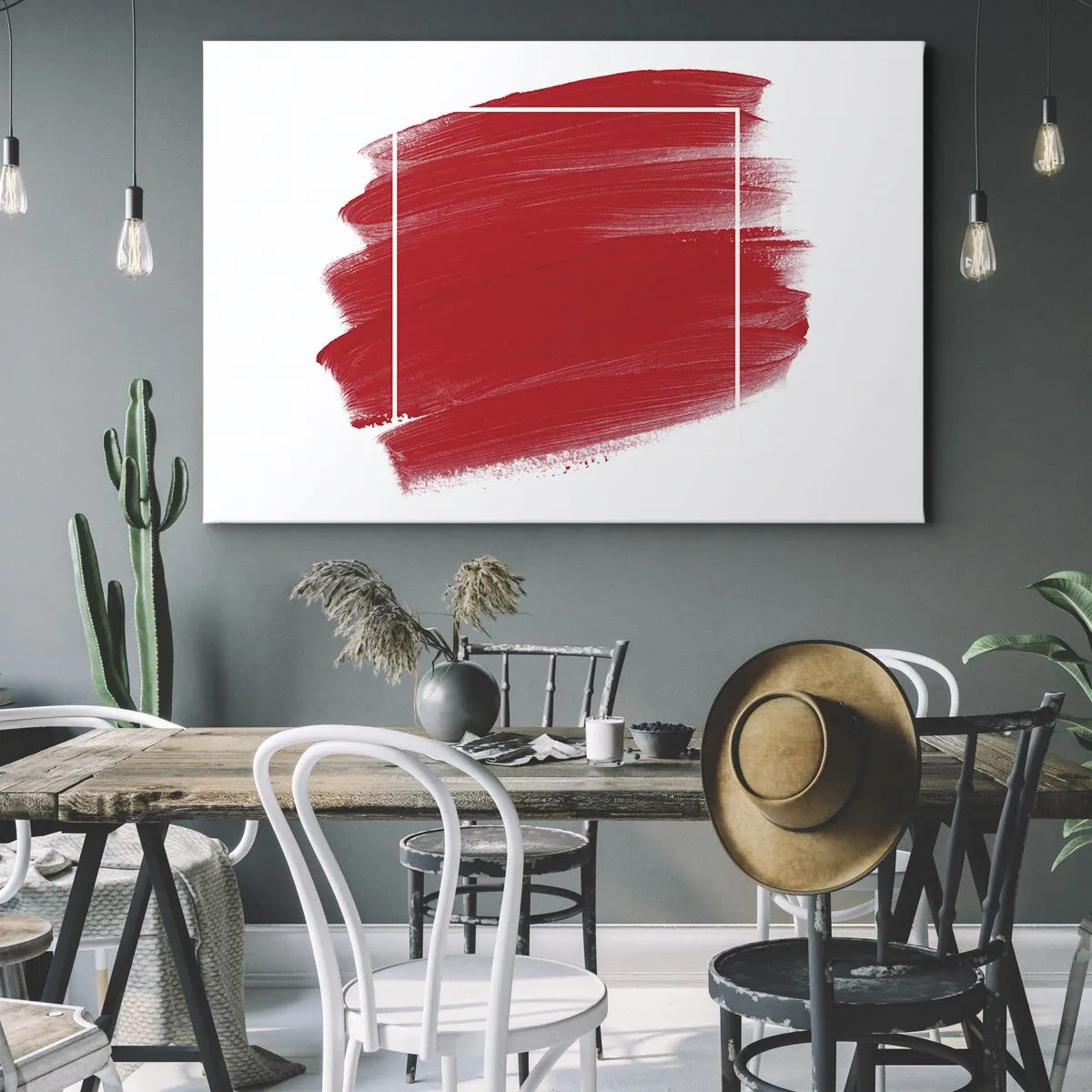 Cuadro sobre lienzo - Impresión de Imagen - Trazo de pincel rojo con borde blanco - 70x50cm - Fuera del marco - Decoración de pared moderna para salón y dormitorio ARTTOR
