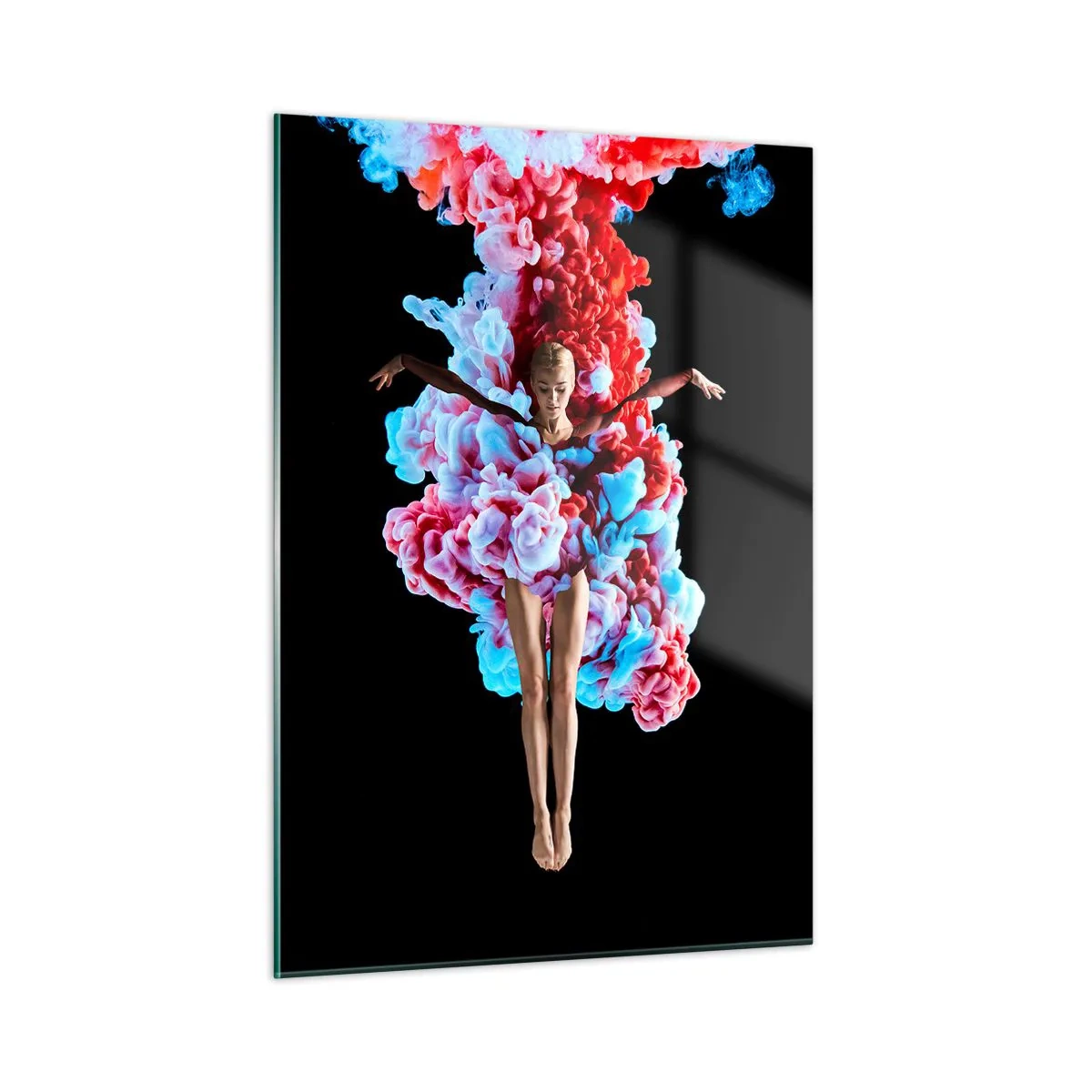 Cuadro sobre vidrio - Impresiones sobre Vidrio - Una bailarina rodeada de humo de colores sobre un fondo negro. - 50x70cm - En plena floración - Decoración de pared moderna para salón y dormitorio ARTTOR