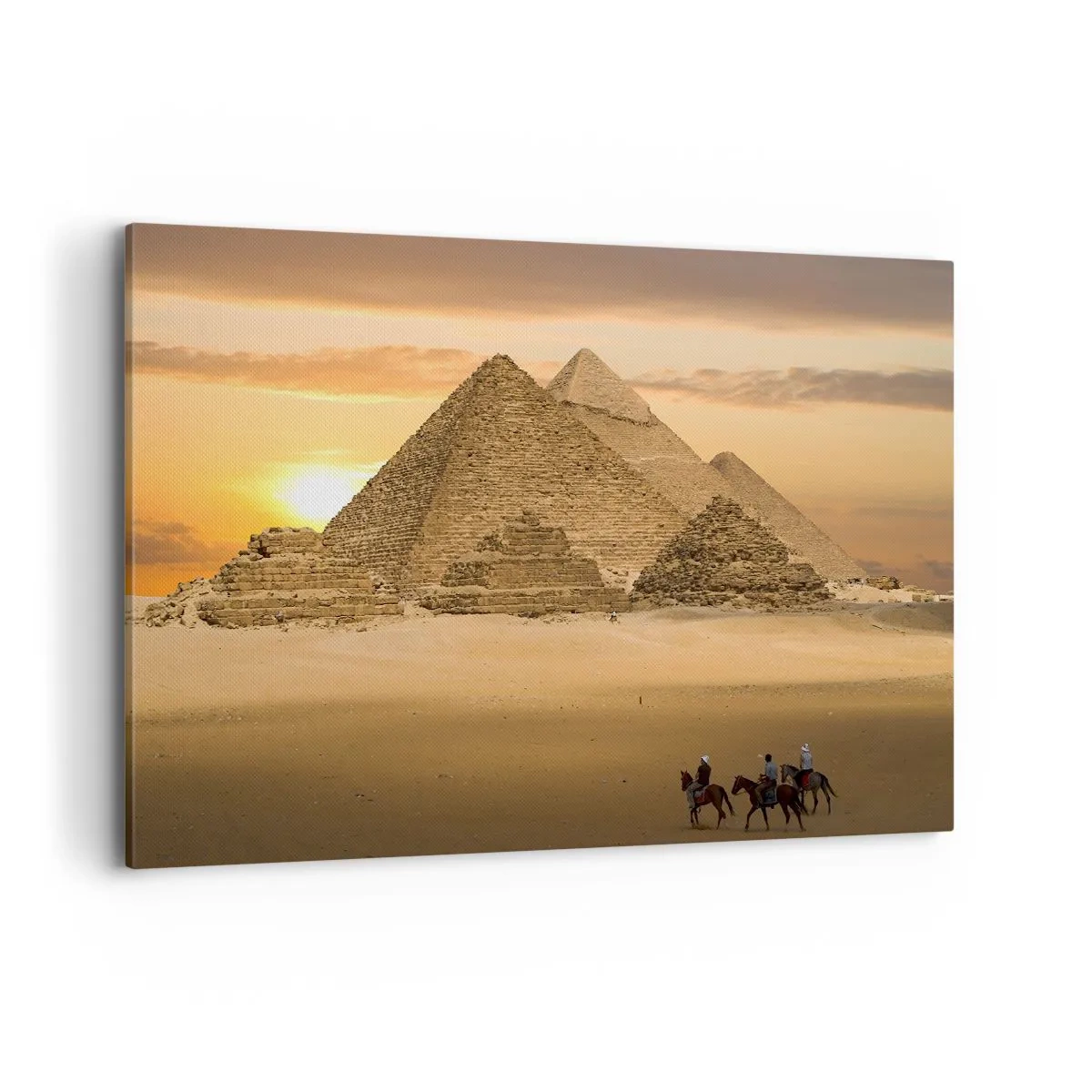 Cuadro sobre lienzo - Impresión de Imagen - Pirámides de Egipto al atardecer con jinetes a caballo - 100x70cm - Sin cambios desde hace miles de años - Decoración de pared moderna para salón y dormitorio ARTTOR