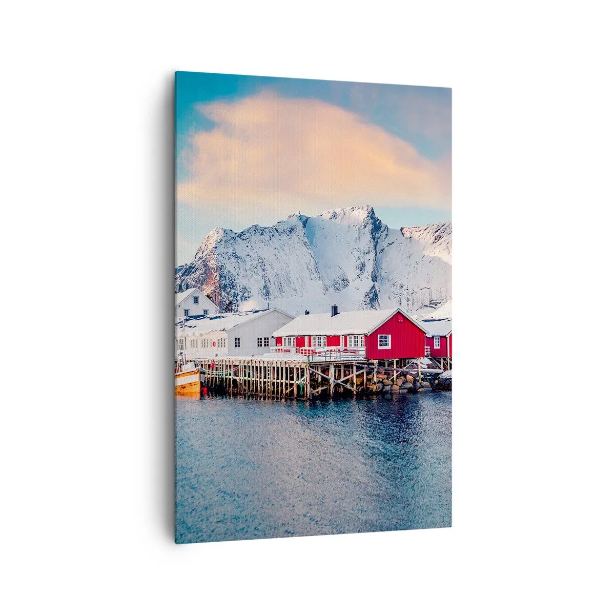 Cuadro sobre lienzo - Impresión de Imagen - Casas rojas con el telón de fondo de montañas nevadas y el mar azul. - 80x120cm - Un retiro en el norte - Decoración de pared moderna para salón y dormitorio ARTTOR