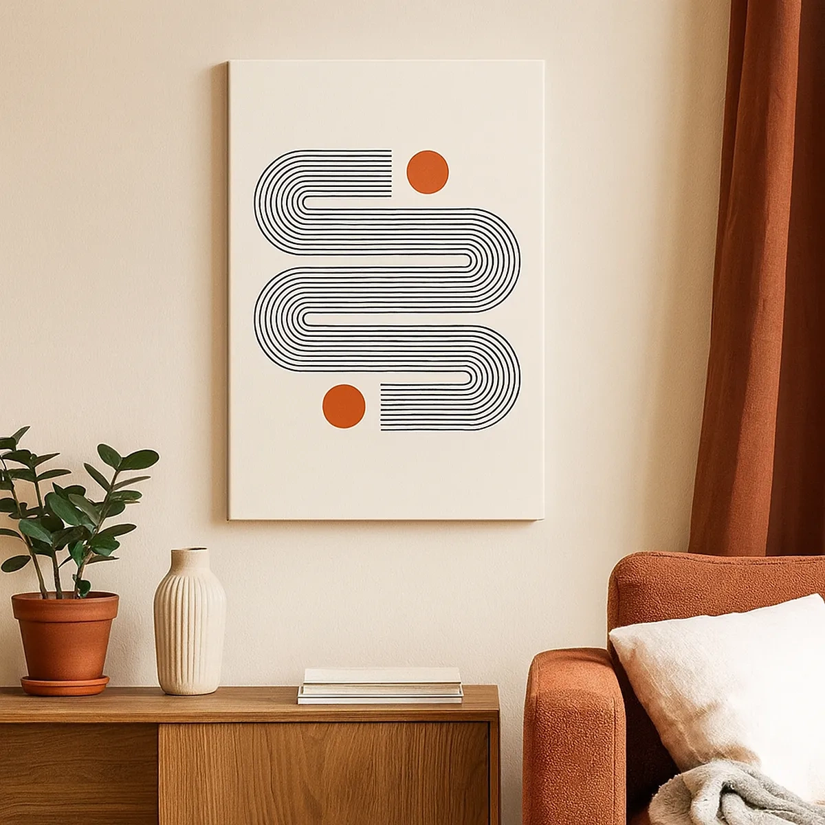 Cuadro sobre lienzo - Impresión de Imagen - Patrón geométrico con líneas y círculos naranjas. - 50x70cm - De principio a fin - Decoración de pared moderna para salón y dormitorio ARTTOR