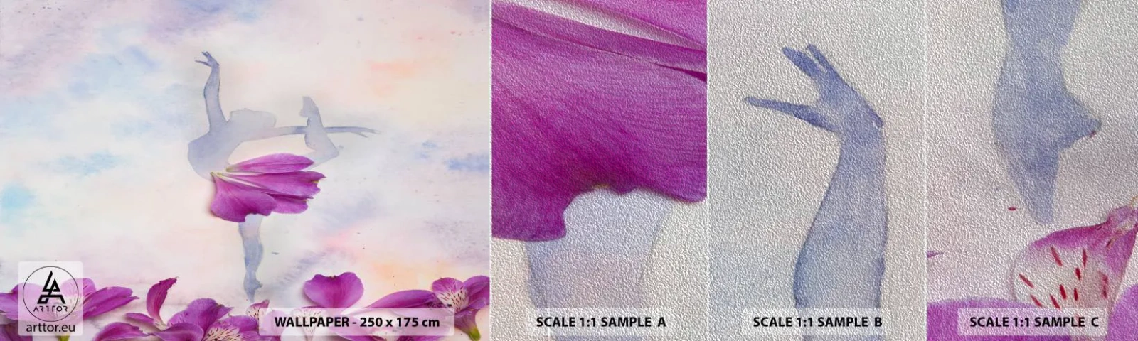 Muestra de fotomural Premium Sand - Suave como una flor - Abstracción, Bailarina, Bailar - 100x30 cm