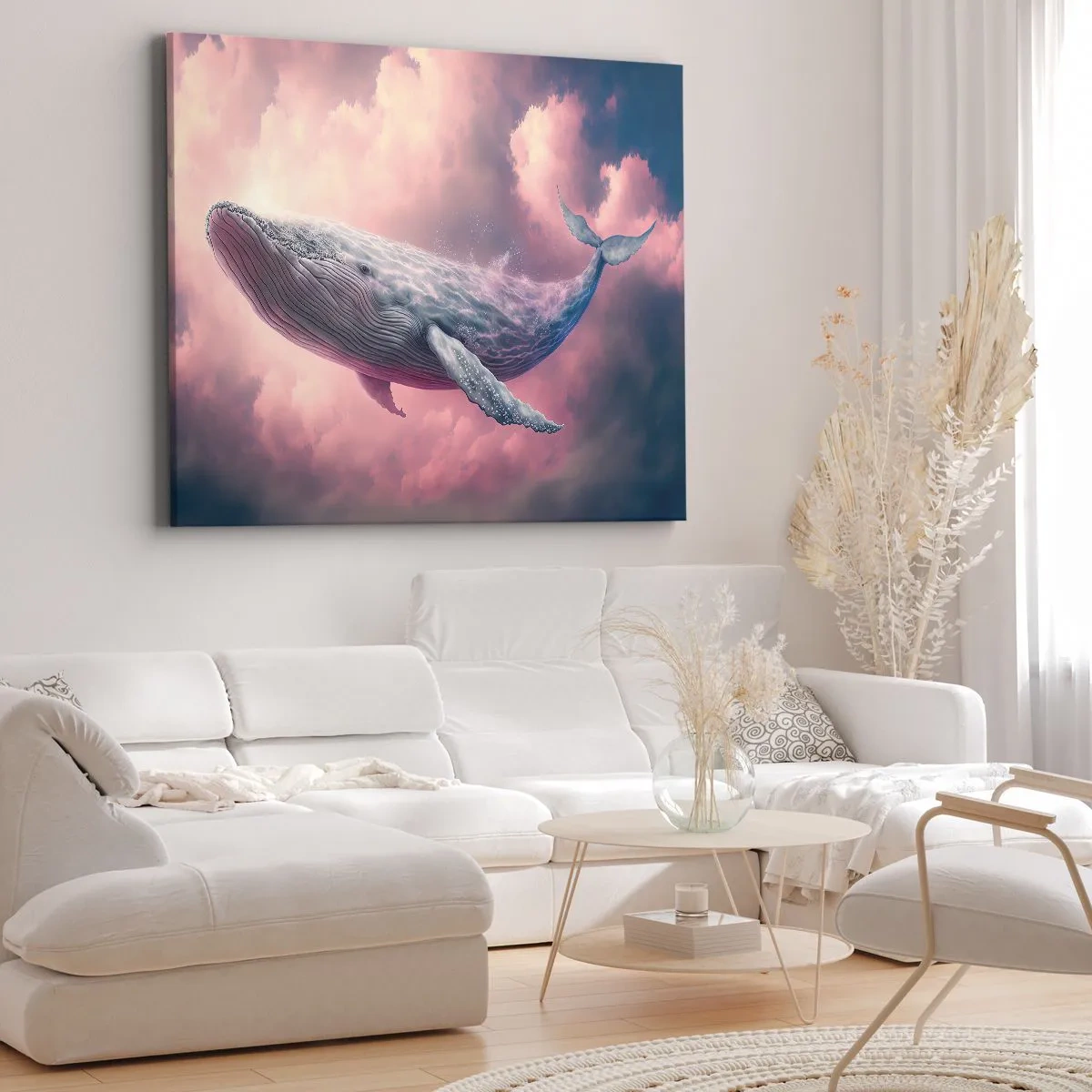 Cuadro sobre lienzo - Impresión de Imagen - Una ballena flotando en las nubes al atardecer. - 120x80cm - La reina de los mares asciende - Decoración de pared moderna para salón y dormitorio ARTTOR