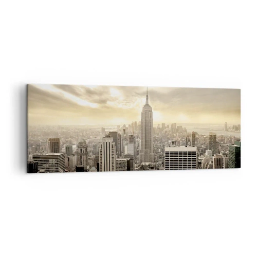 Cuadro sobre lienzo - Impresión de Imagen - Panorama de la ciudad con vista al Empire State Building - 140x50cm - Tejido neoyorquino en tonos grises - Decoración de pared moderna para salón y dormitorio ARTTOR