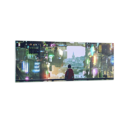 Cuadro sobre vidrio - Impresiones sobre Vidrio - Una figura en una ciudad futurista con luces de neón. - 140x50cm - Dos mundos - Decoración de pared moderna para salón y dormitorio ARTTOR
