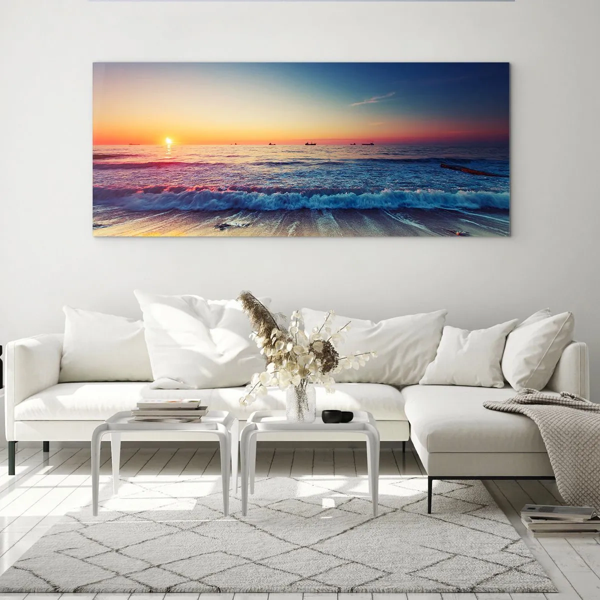 Cuadro sobre vidrio - Impresiones sobre Vidrio - Puesta de sol sobre un mar tranquilo con olas - 160x50cm - ¿Y qué hay tras el horizonte? - Decoración de pared moderna para salón y dormitorio ARTTOR