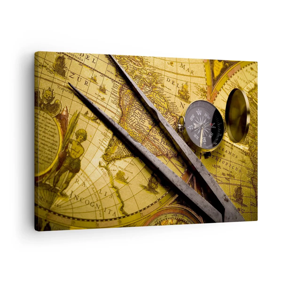 Cuadro sobre lienzo - Impresión de Imagen - Un mapa del mundo antiguo con una brújula y un par de brújulas en el fondo. - 70x50cm - ¿Dónde están los tesoros? - Decoración de pared moderna para salón y dormitorio ARTTOR