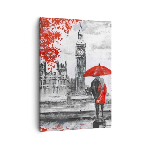 Cuadro sobre lienzo - Impresión de Imagen - Escena romántica con el Big Ben y un paraguas rojo. - 50x70cm - Londres enamora - Decoración de pared moderna para salón y dormitorio ARTTOR