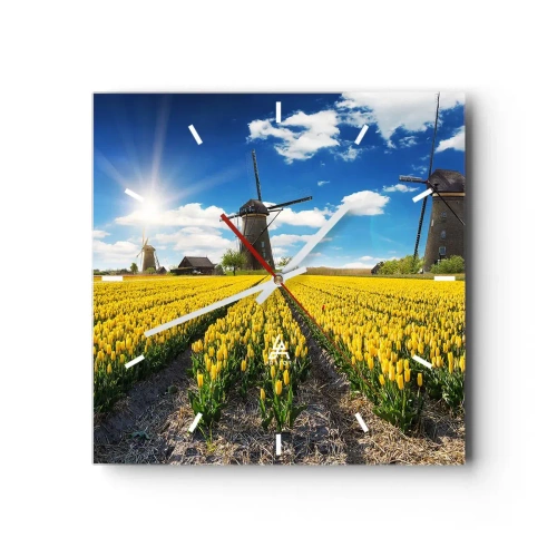 Reloj de pared - Reloj de vidrio - Un campo de tulipanes amarillos con molinos de viento en el horizonte. - 30x30cm - No podría ser más holandés - Decoración de pared moderna para salón y dormitorio ARTTOR