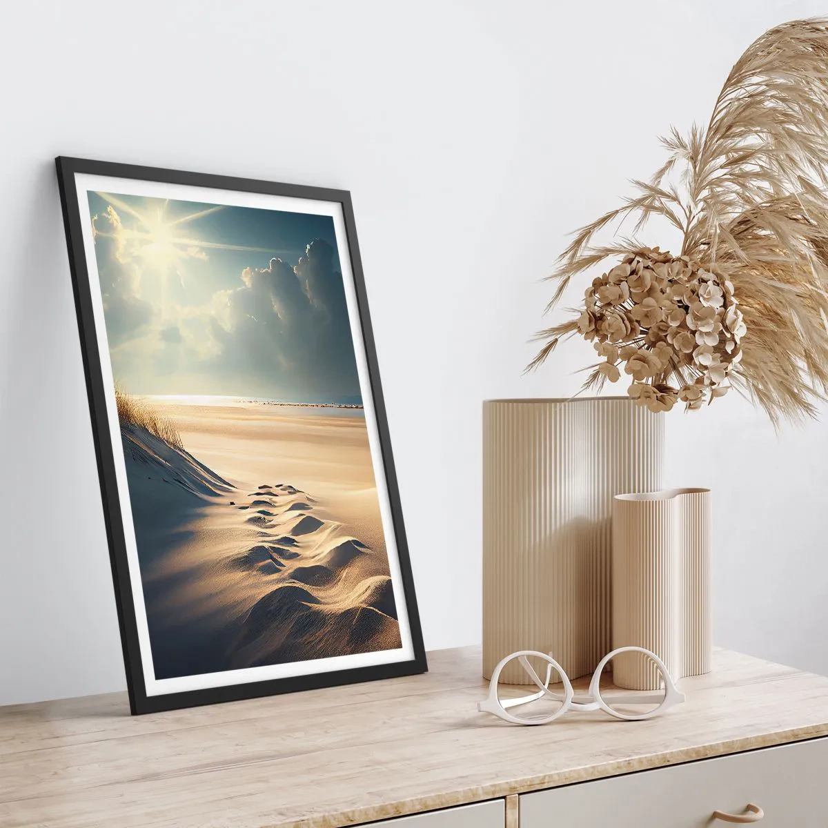 Póster en marco negro - Dunas doradas en la playa al atardecer - 50x70cm - Paisaje tranquilizador - Decoración de pared moderna para salón y dormitorio ARTTOR
