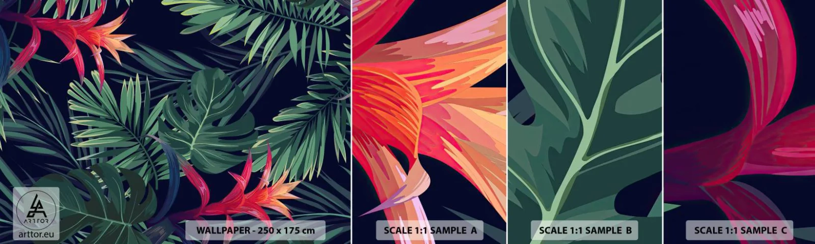 Muestra De Fotomural Standard Eco - Encender el color verde - flores, planta tropical, Hojas de palma - 100x30 cm