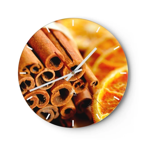 Reloj de pared - Reloj de vidrio - Palitos de canela y naranjas secas en tonos cálidos - 30x30cm - ¿Puedes oler su aroma? - Decoración de pared moderna para salón, cocina y dormitorio ARTTOR