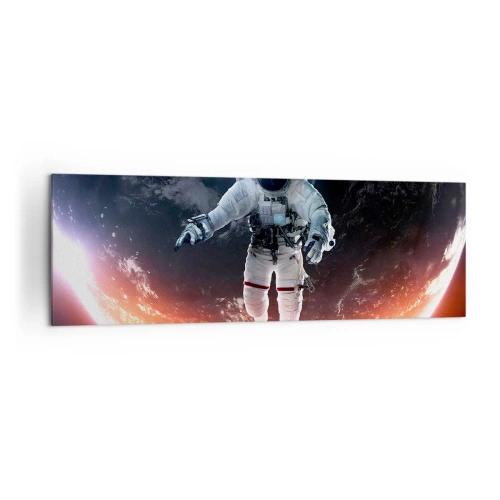 Cuadro sobre lienzo - Impresión de Imagen - Un astronauta flotando sobre una Tierra iluminada por el sol. - 160x50cm - ¿Puedo quedarme un rato más? - Decoración de pared moderna para salón y dormitorio ARTTOR