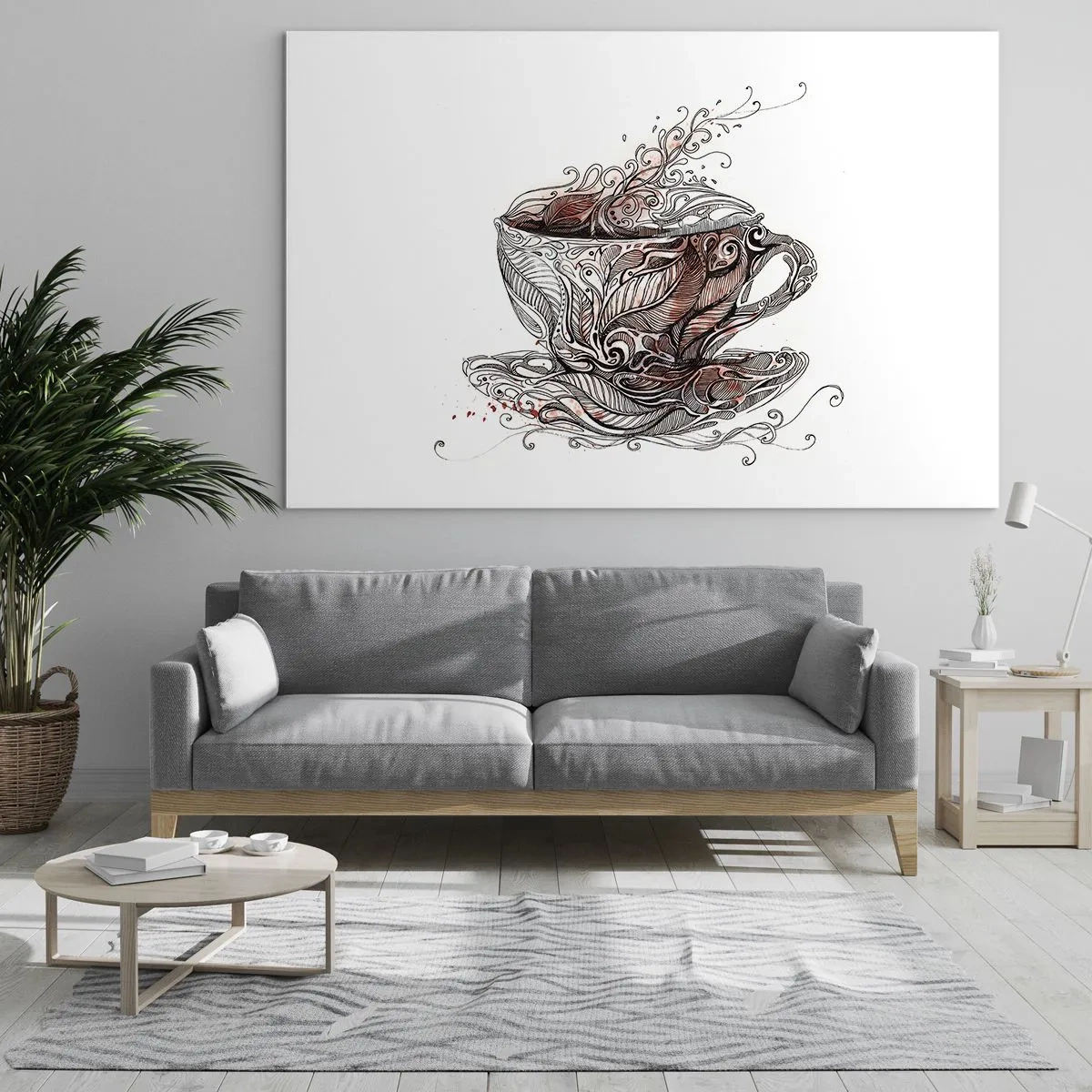Cuadro sobre vidrio - Impresiones sobre Vidrio - Dibujo artístico de una taza con adornos y vapor. - 100x70cm - Té para todo - Decoración de pared moderna para salón y dormitorio ARTTOR