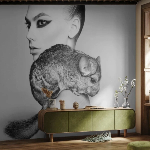 Fotomural Premium Canvas - Dama con chinchilla - Mujer, Mujer con chinchilla, Modelo - 350x256 cm