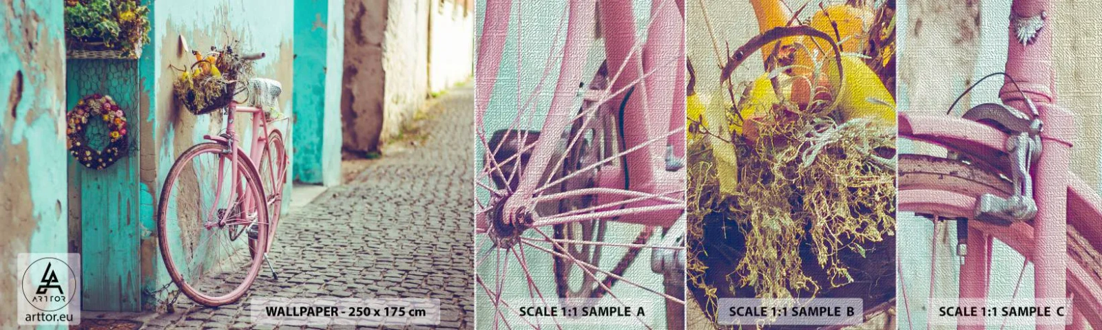 Muestra de fotomural Premium Canvas - Ahora mismo vuelvo - Bicicleta, Arquitectura, flores - 100x30 cm