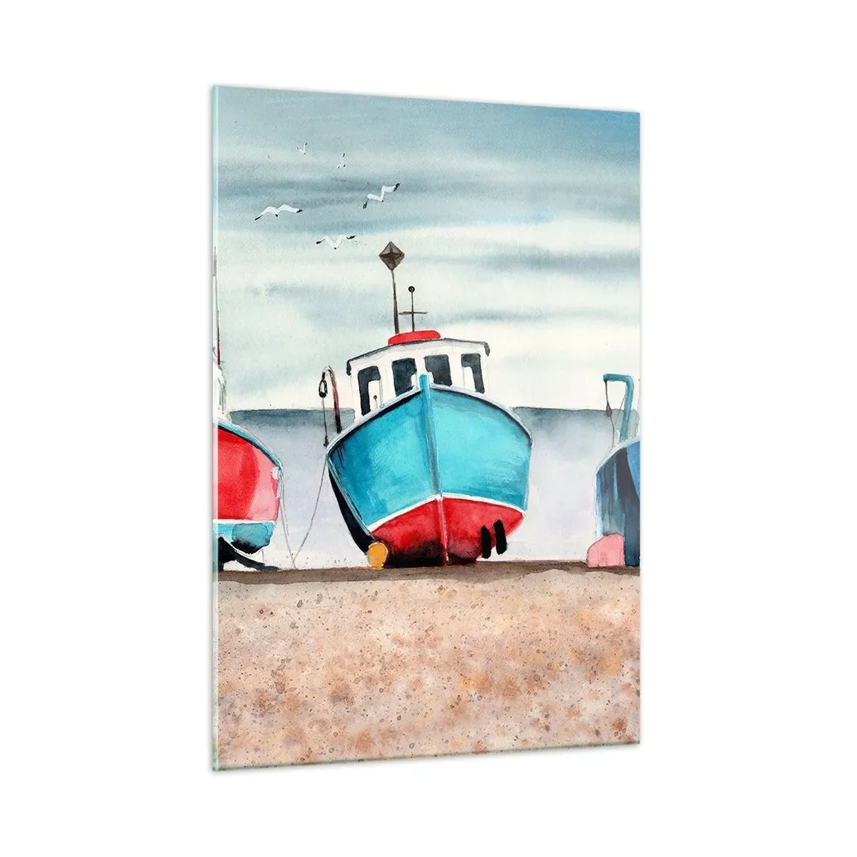 Cuadro sobre vidrio - Impresiones sobre Vidrio - Tres coloridos barcos de pesca en la orilla del mar - 50x70cm - Listos para la pesca - Decoración de pared moderna para salón y dormitorio ARTTOR