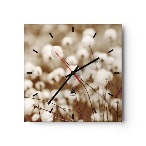 Reloj de pared - Reloj de vidrio - Un campo de delicadas plantas en tonos sepia. - 30x30cm - Un mullido colchón - Decoración de pared moderna para salón y dormitorio ARTTOR
