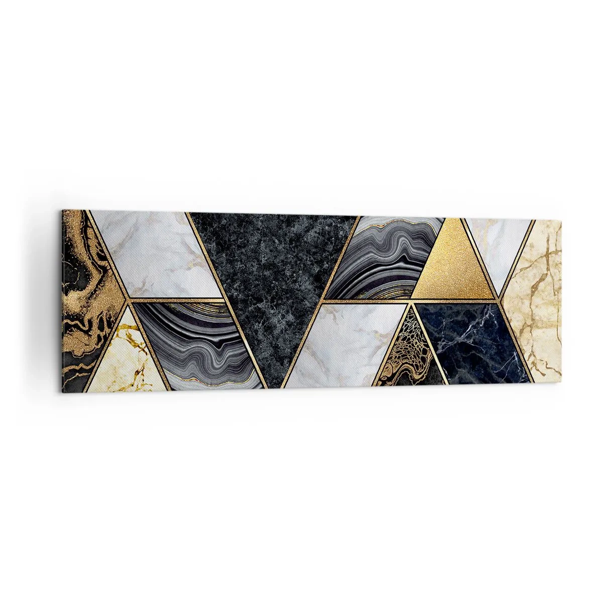 Cuadro sobre lienzo - Impresión de Imagen - Triángulos geométricos en dorado, mármol y tonos oscuros. - 160x50cm - Collage de piedras - Decoración de pared moderna para salón y dormitorio ARTTOR