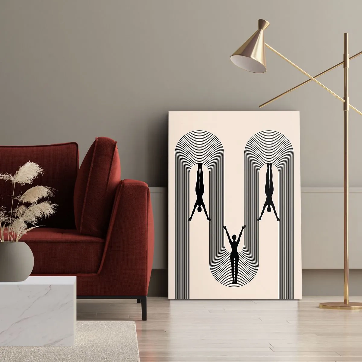 Cuadro sobre lienzo - Impresión de Imagen - Siluetas geométricas sobre un fondo beige - 50x70cm - Al revés, o no - Decoración de pared moderna para salón y dormitorio ARTTOR