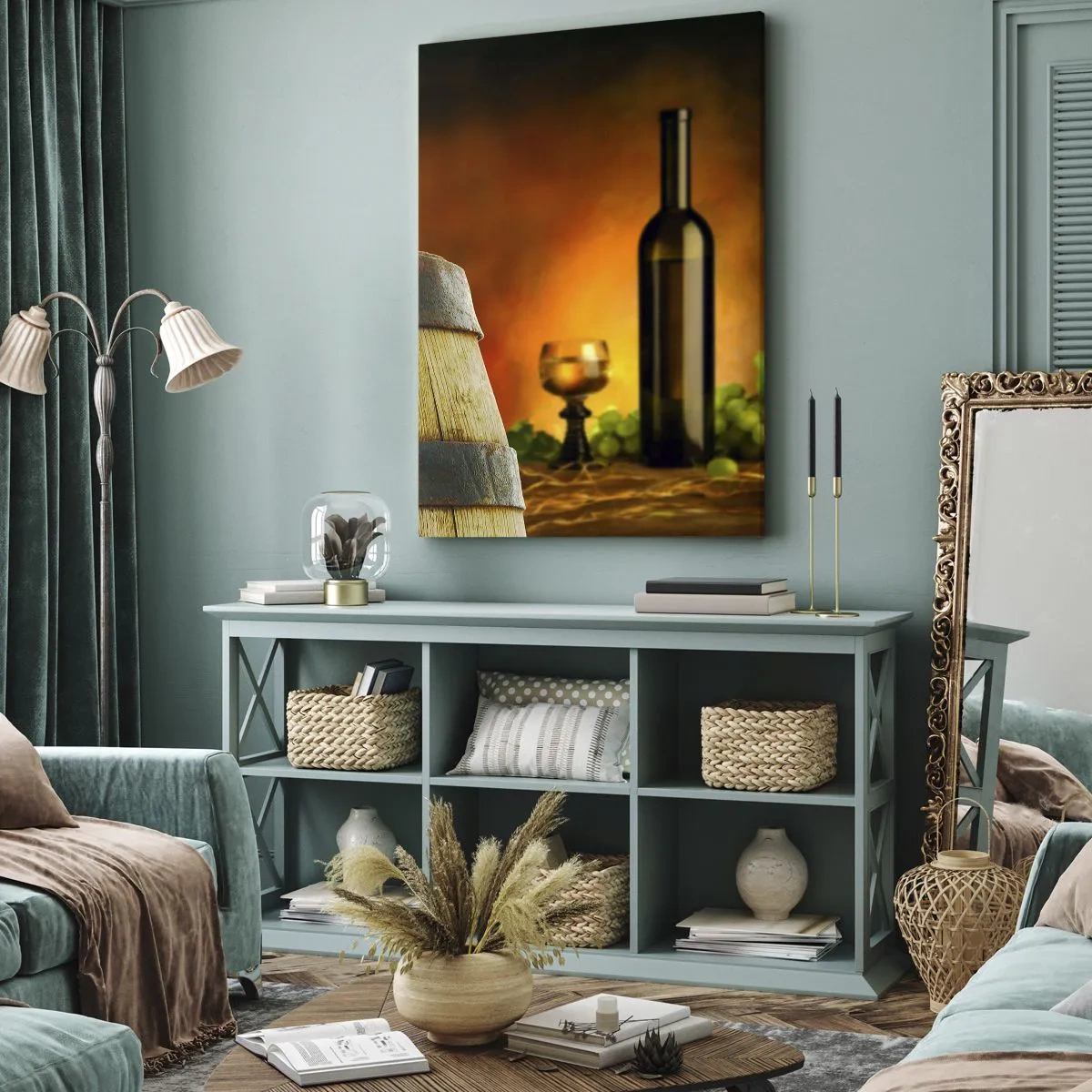 Cuadro sobre lienzo - Impresión de Imagen - Bodegón con botella de vino y racimo de uvas - 55x100 cm