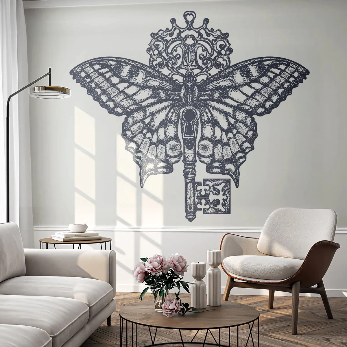 Fotomural Premium Sand - Mariposa estilizada con una llave en un patrón monocromático. - 100x70cm - Todos los secretos del corazón - Decoración de pared moderna para salón y dormitorio ARTTOR