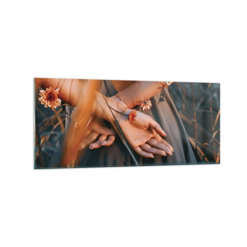 Cuadro sobre vidrio - Impresiones sobre Vidrio - Manos sensuales con flores en un entorno natural. - 120x50cm - Conectada con la naturaleza - Decoración de pared moderna para salón y dormitorio ARTTOR