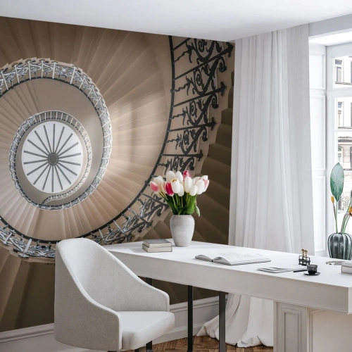 Fotomural Standard Eco - Escalera de caracol con barandilla de hierro forjado de estilo clásico. - 100x70cm - En el interior de una concha - Decoración de pared moderna para salón y dormitorio ARTTOR