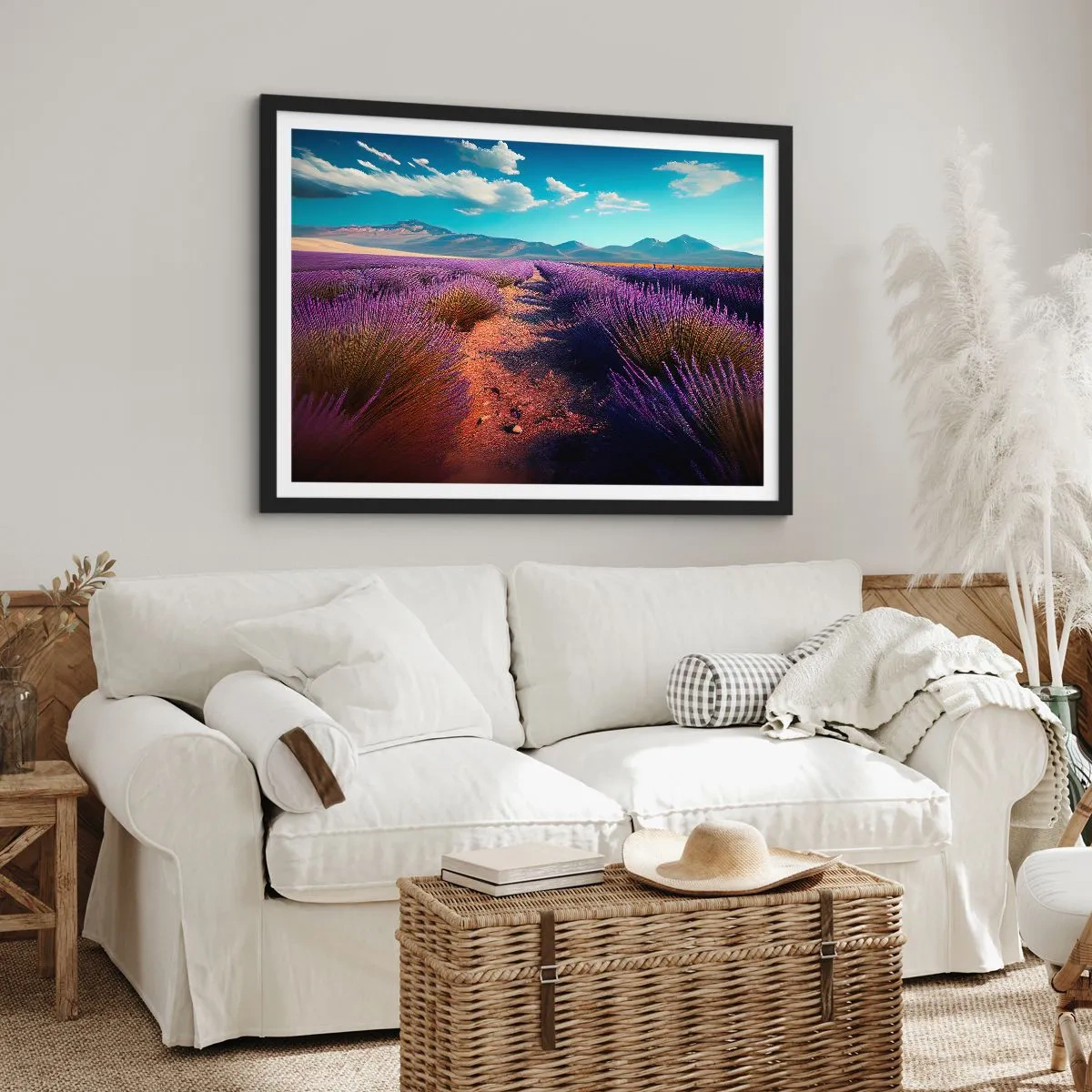 Póster en marco negro - Un campo de lavanda con vistas a las montañas y al cielo azul. - 70x50cm - Campos fragantes - Decoración de pared moderna para salón y dormitorio ARTTOR