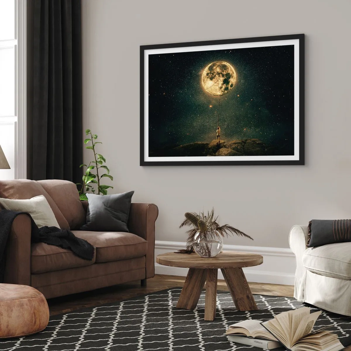 Póster en marco negro - Hombre con la luna contra el cielo estrellado - 100x70cm - El que robó la luna - Decoración de pared moderna para salón y dormitorio ARTTOR