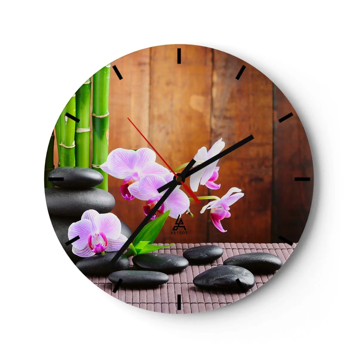 Reloj de pared - Reloj de vidrio - Orquídeas moradas con bambú y piedras. - 30x30cm - Experimente los placeres de Oriente - Decoración de pared moderna para salón, cocina y dormitorio ARTTOR