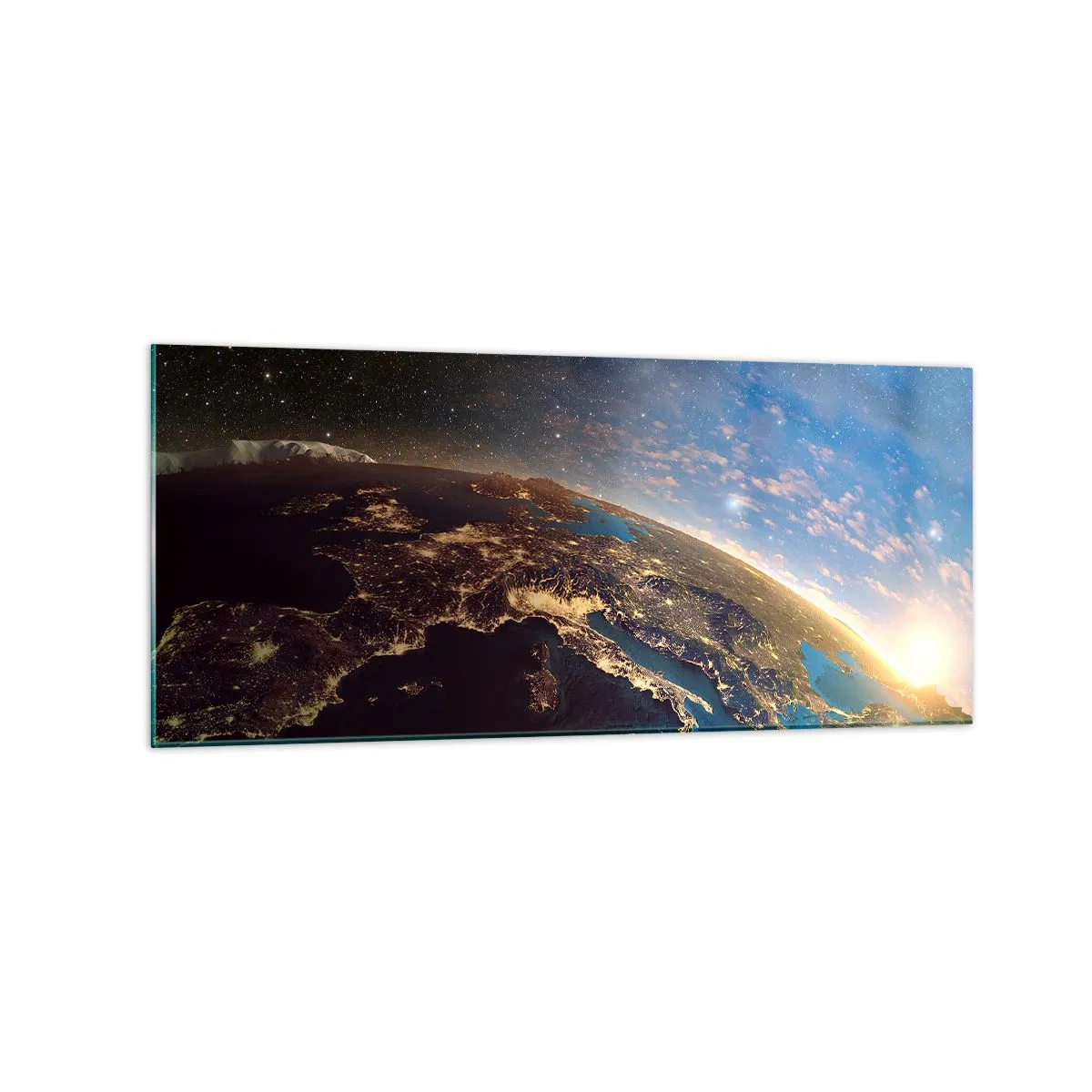 Cuadro sobre vidrio - Impresiones sobre Vidrio - Vista de la Tierra desde el espacio al amanecer - 120x50cm - Mirémonos a nosotros mismos desde la distancia - Decoración de pared moderna para salón y dormitorio ARTTOR