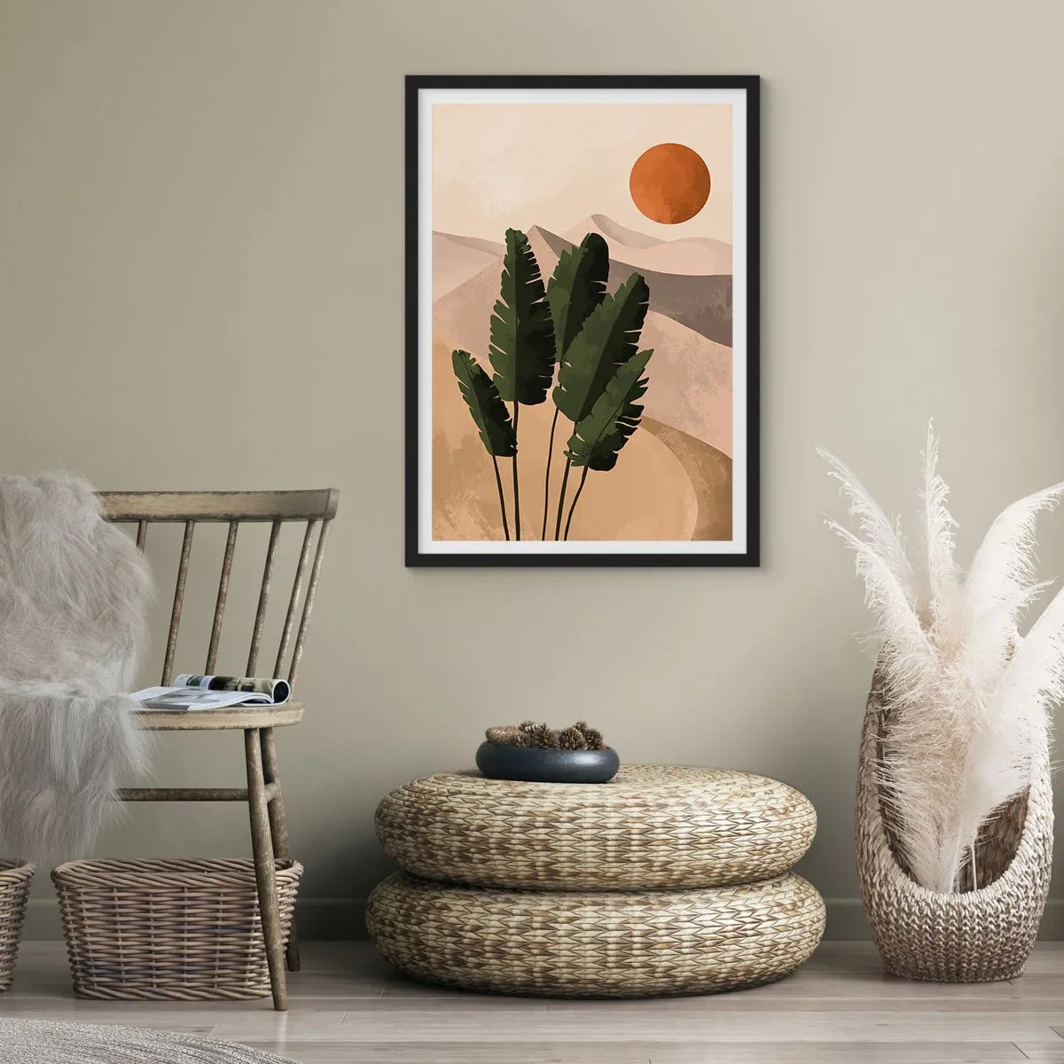Póster en marco negro - Plantas en un entorno desértico con la puesta de sol, paisaje abstracto - 50x70cm - El triunfo de la vida - Decoración de pared moderna para salón y dormitorio ARTTOR