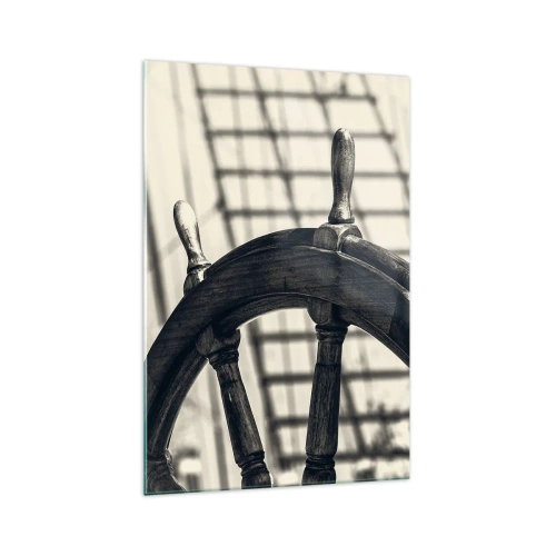 Cuadro sobre vidrio - Impresiones sobre Vidrio - Un timón de vela de estilo retro con un barco al fondo. - 70x100cm - Un cuento marino - Decoración de pared moderna para salón y dormitorio ARTTOR