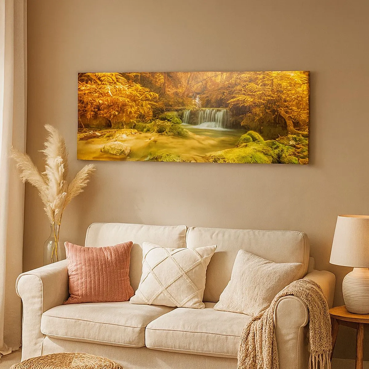 Cuadro sobre lienzo - Impresión de Imagen - Cascada forestal en oro - 100x40 cm