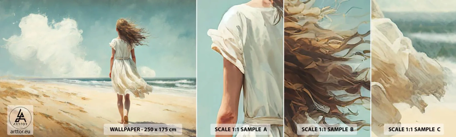 Muestra De Fotomural Standard Eco - Al encuentro del sol y del viento - Chica, Playa, Caminar - 100x30 cm