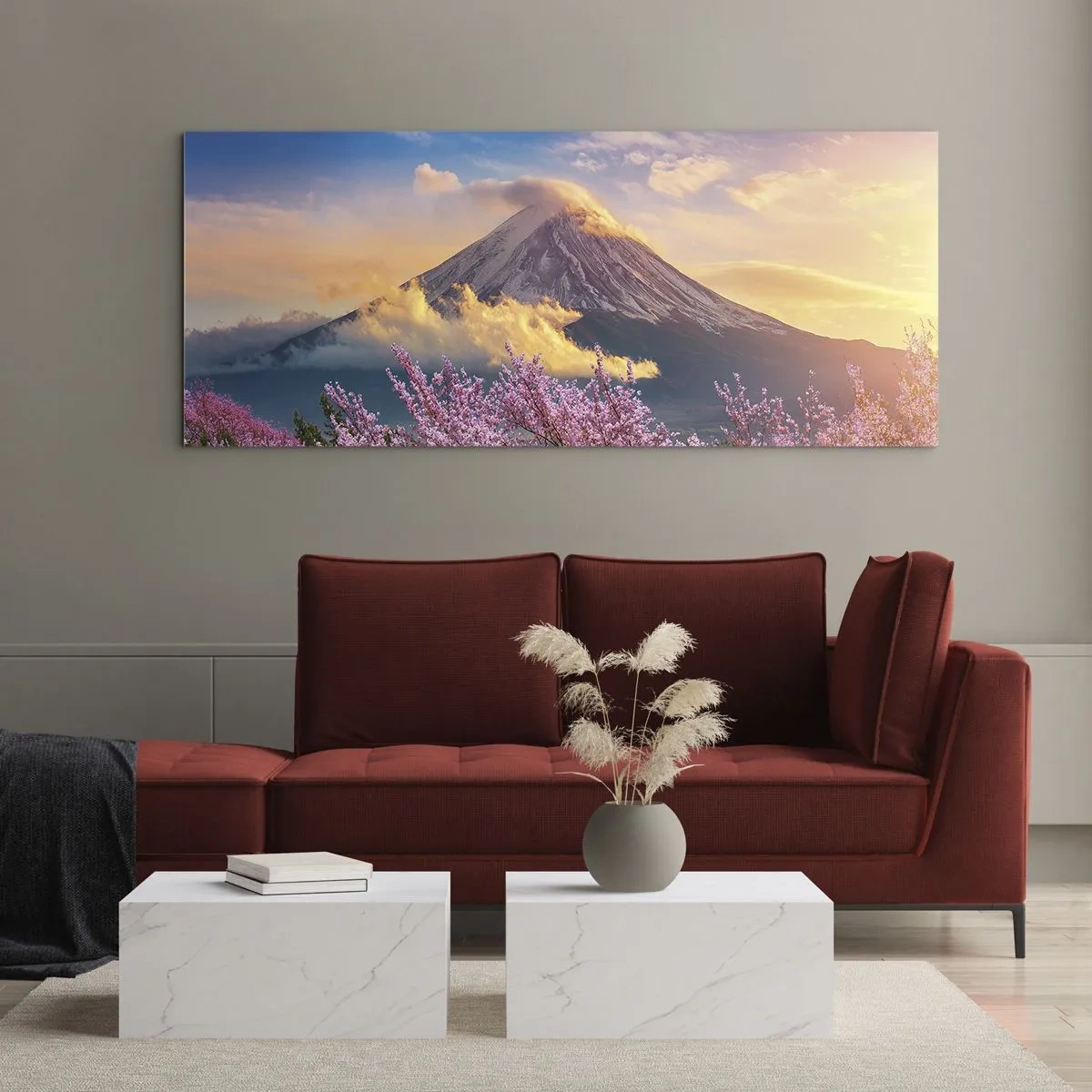 Cuadro sobre vidrio - Impresiones sobre Vidrio - Monte Fuji con flores de cerezo al fondo al atardecer - 120x50cm - La santidad japonesa - Decoración de pared moderna para salón y dormitorio ARTTOR