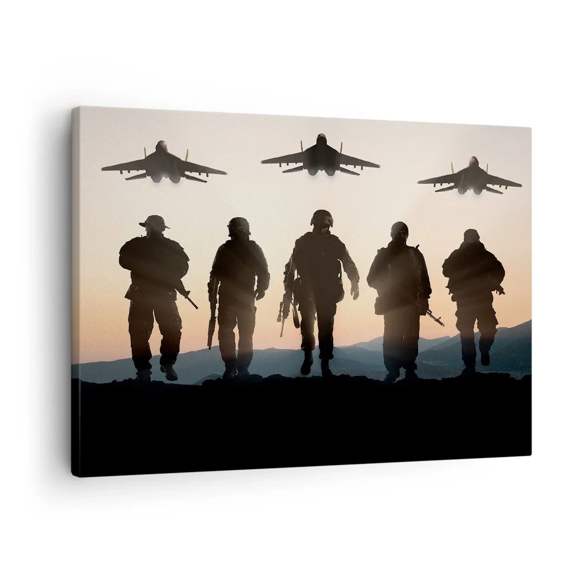Cuadro sobre lienzo - Impresión de Imagen - Siluetas de soldados y aviones de combate contra el fondo del atardecer. - 70x50cm - Bienvenido a nuestro mundo - Decoración de pared moderna para salón y dormitorio ARTTOR