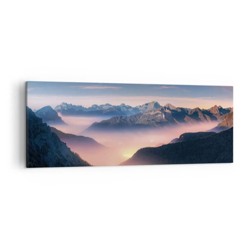 Cuadro sobre lienzo - Impresión de Imagen - Un paisaje de montaña con un valle lleno de niebla. - 140x50cm - Luz en los valles - Decoración de pared moderna para salón y dormitorio ARTTOR