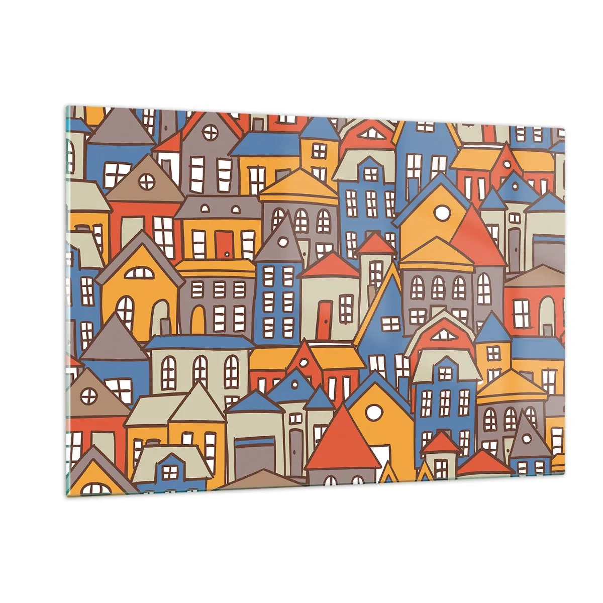 Cuadro sobre vidrio - Impresiones sobre Vidrio - Casas coloridas en estilo gráfico crean un paisaje alegre - 120x80cm - Casa tras casa - Decoración de pared moderna para salón y dormitorio ARTTOR