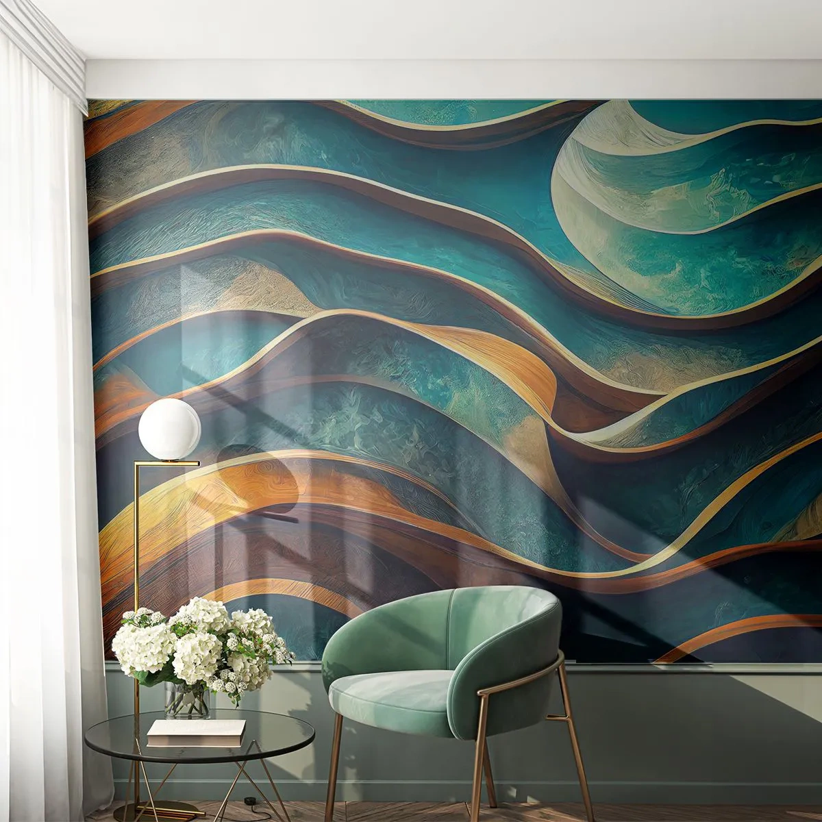 Fotomural Standard Eco - Meandros de azul - Ondas, Abstracción, Tridimensional - 350x256 cm