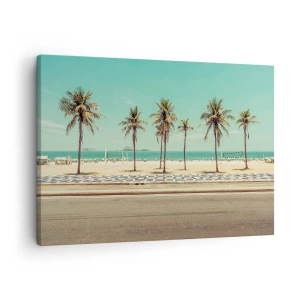 Cuadro sobre lienzo - Impresión de Imagen - Palmeras en la playa con vistas al mar y al cielo azul. - 70x50cm - En la playa - Decoración de pared moderna para salón y dormitorio ARTTOR