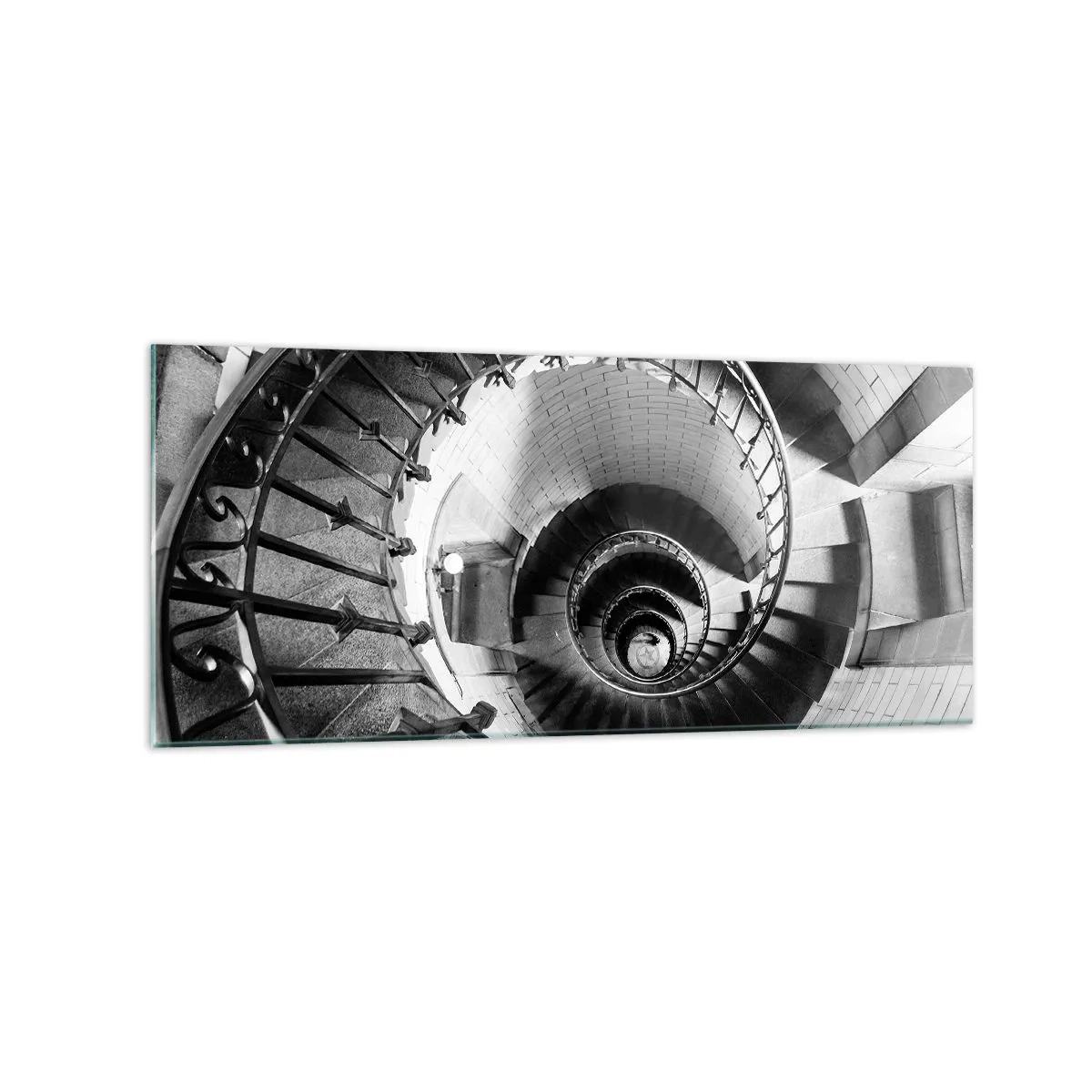 Cuadro sobre vidrio - Impresiones sobre Vidrio - Fotografía en blanco y negro de una escalera de caracol con perspectiva de arriba hacia abajo. - 120x50cm - Cada vez más alto - Decoración de pared moderna para salón y dormitorio ARTTOR