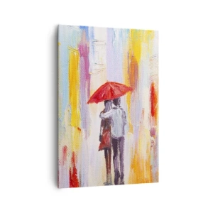 Cuadro sobre lienzo - Impresión de Imagen - Una pareja bajo un paraguas rojo con edificios coloridos al fondo. - 70x100cm - Que siga lloviendo - Decoración de pared moderna para salón y dormitorio ARTTOR