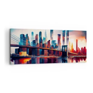Cuadro sobre lienzo - Impresión de Imagen - Panorama de la ciudad de Nueva York con puente y reflejo en el agua - 120x50cm - Nueva York siempre luce - Decoración de pared moderna para salón y dormitorio ARTTOR