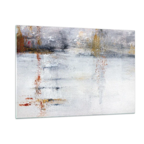 Cuadro sobre vidrio - Impresiones sobre Vidrio - Una pintura abstracta que presenta una sutil combinación de gris, blanco y dorado. - 120x80cm - Tras una cortina de aire - Decoración de pared moderna para salón y dormitorio ARTTOR