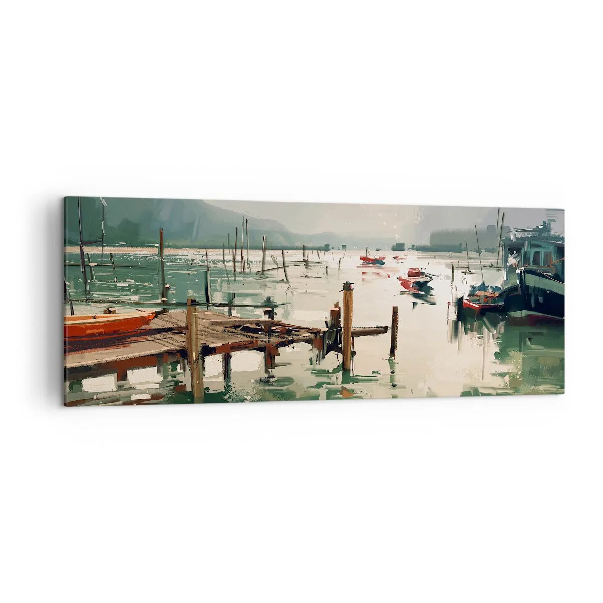 Cuadro sobre lienzo - Impresión de Imagen - Un puerto pintoresco con barcos en aguas tranquilas. - 140x50cm - Empapado en la luna fundida - Decoración de pared moderna para salón y dormitorio ARTTOR